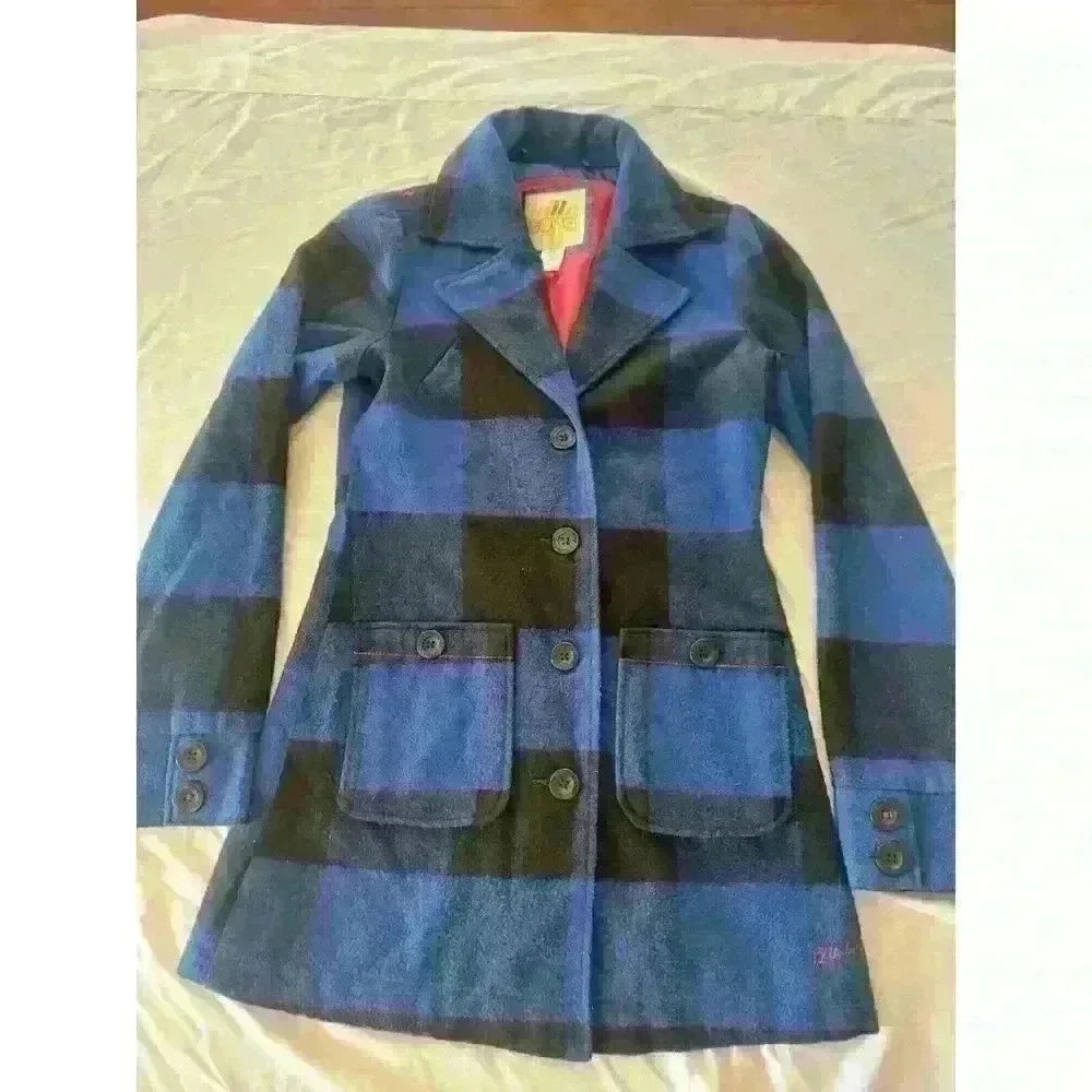 Vintage Billabong Blue Plaid Flannel Coat Pink Satin Lined Medium